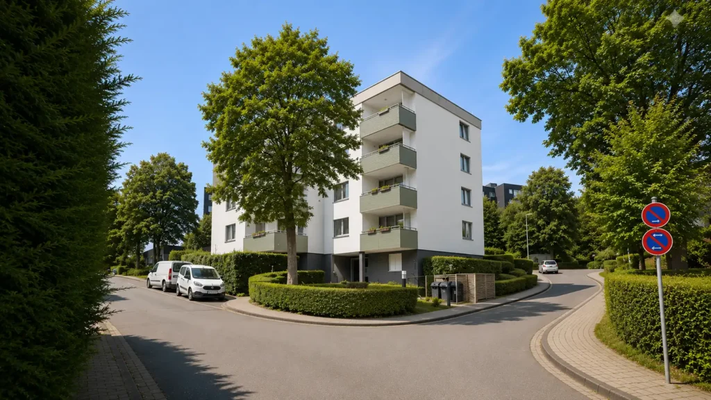 Energetisch modernisiertes Mehrfamilienhaus der Quartiersentwicklung Meiseneck und Taubenweg in Gummersbach-Bernberg nach Fassaden- und Balkonsanierung.