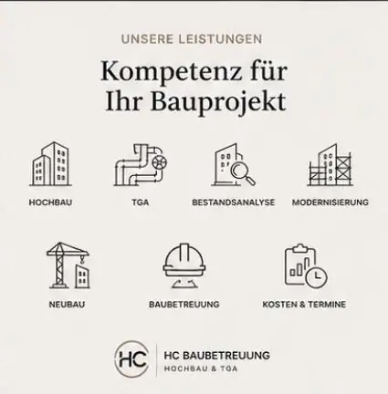 Leistungsübersicht der HC Baugesellschaft mbH mit Schwerpunkten Hochbau, TGA, Bestandsanalyse, Modernisierung, Neubau, Baubetreuung sowie Kosten- und Terminmanagement.