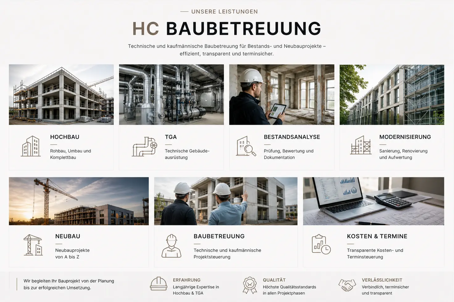 Leistungsübersicht der HC Baugesellschaft mit Hochbau, TGA-Koordination, Bestandsanalyse, Modernisierung, Neubau, Baubetreuung sowie Kosten- und Terminsteuerung.