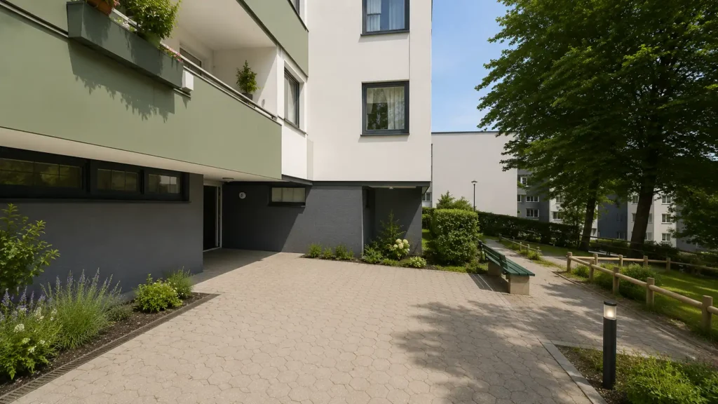 Modernisierter Hauseingangsbereich mit barrierearmen Zugangsflächen und aufgewertetem Wohnumfeld im Quartier Meiseneck und Taubenweg in Gummersbach-Bernberg.